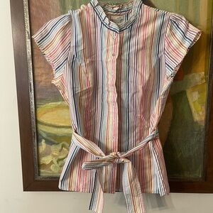 Odille for Anthropologie Pastel Multi-Stripe Cap Sleeve Shirt.